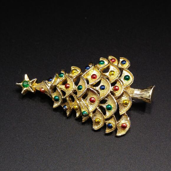 Gerry’s Christmas Tree Brooch Gold Tone Enamel Ornaments 1960s Vintage - Picture 2 of 10